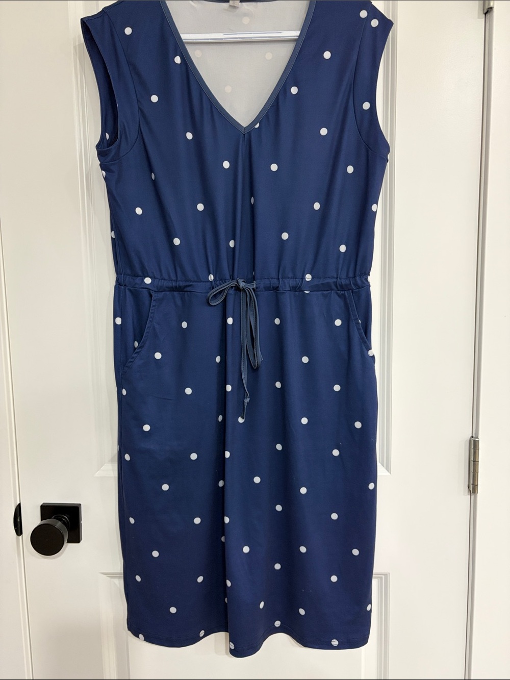 Sleeveless Navy Polka Dot Midi Dress with Drawstring Waist